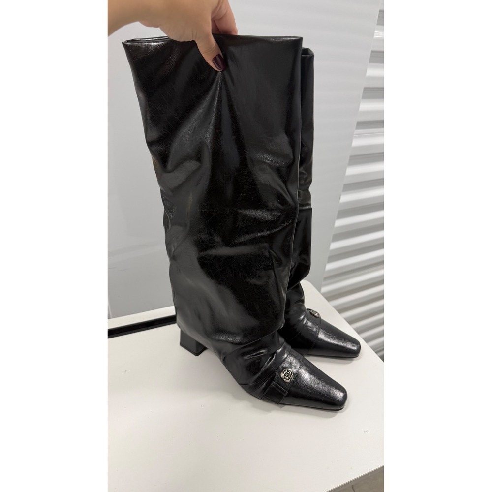 Black Crinkled Faux Leather Slouch Boots Pointed Square Toe Rose Detail Size 11